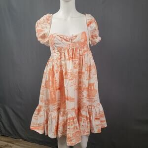 Urban Outfitters Small Orange Toile Print Dress Puff Sleeve Back Cutout